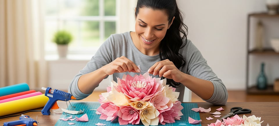 woman enjoying making pink paper flowers