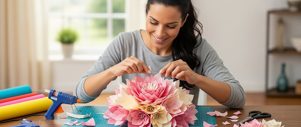 woman enjoying making paper floral arrangement