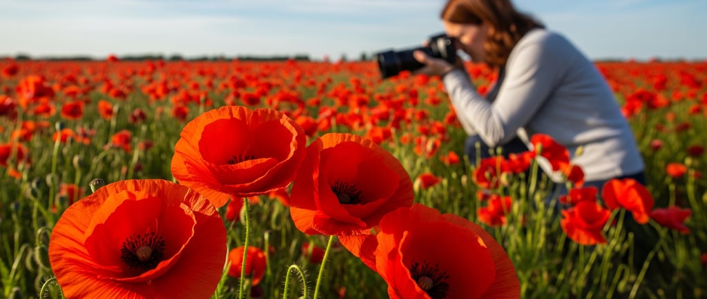 woman taking photo of red poppies of fennsville