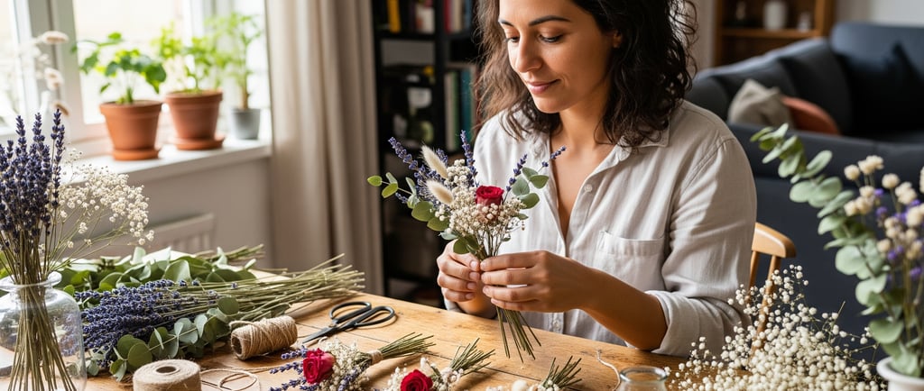 woman preparing dried flowers