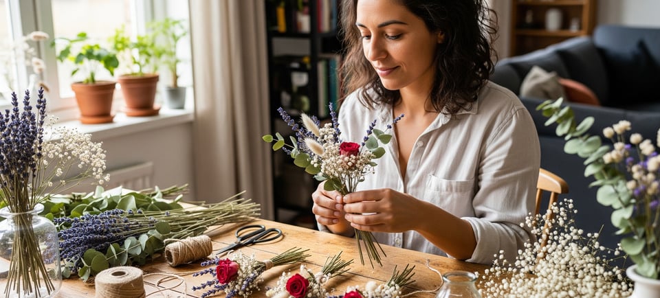 woman making dried flower display