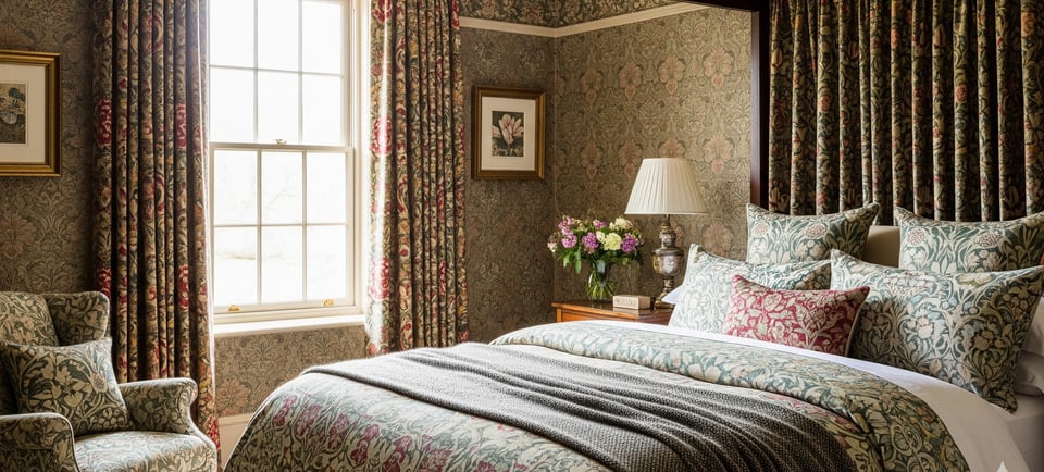 william morris floral patterns in modern bedroom