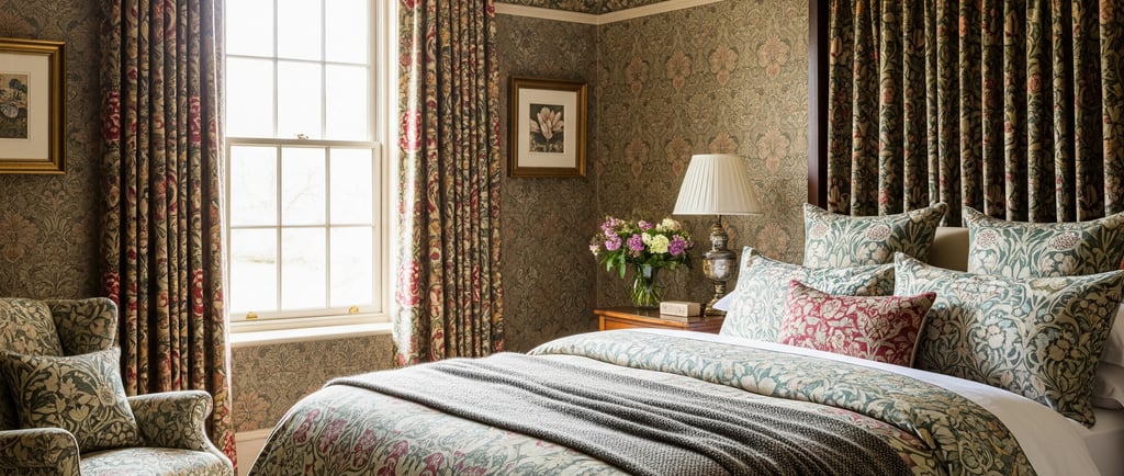 william morris floral patterns on display in modern bedroom