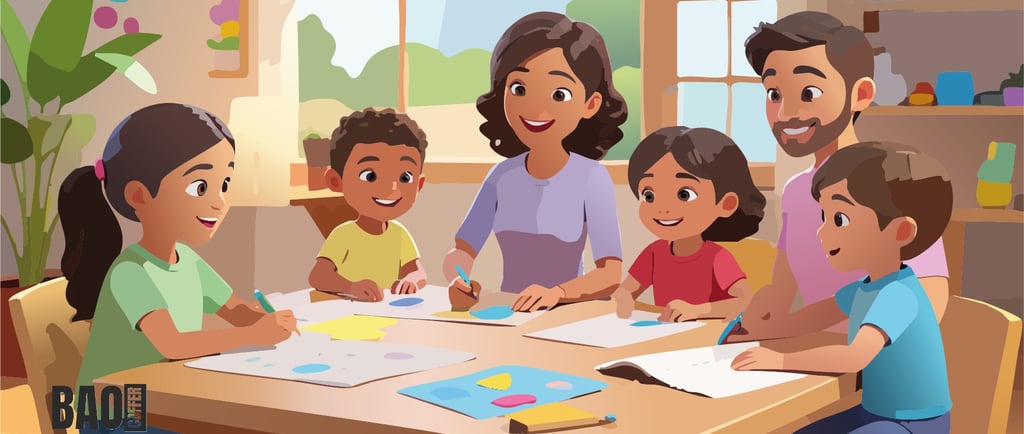 Niños y adulto compartiendo una rutina semanal con actividades imprimibles en casa - BAOcoffer