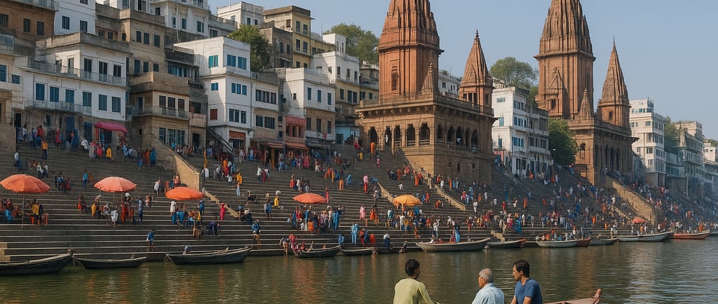Varanasi ghats with temples, boats on Ganges, and vibrant crowds under colorful umbrellas