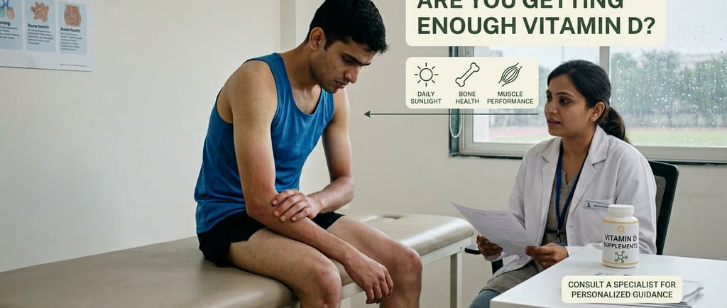 A doctor consulting with a patient about vitamin D supplements for bone health and muscle performance.
