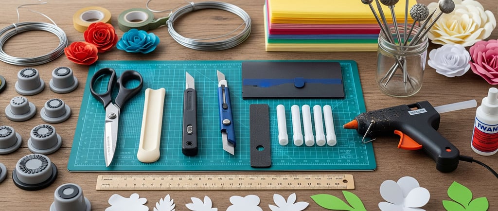 tools for making paper flowers on display