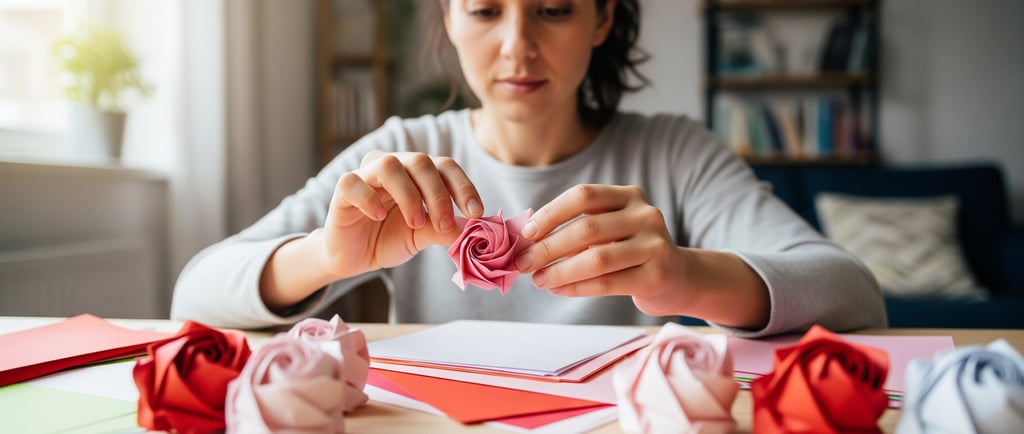 woman sat at desk folding pink paper rose