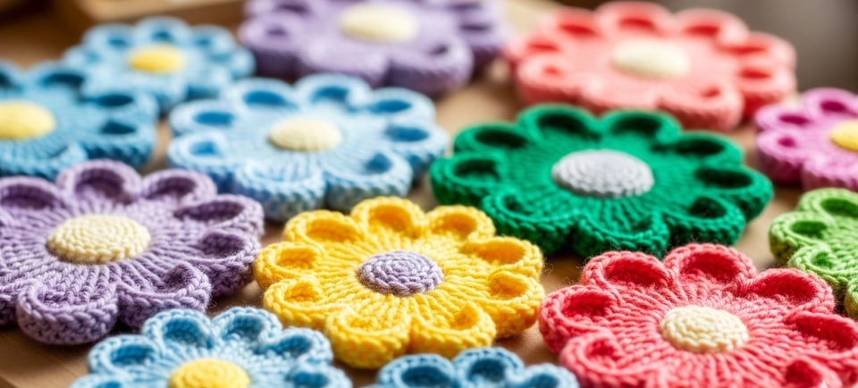 a bunch of crochet flowers on a table
