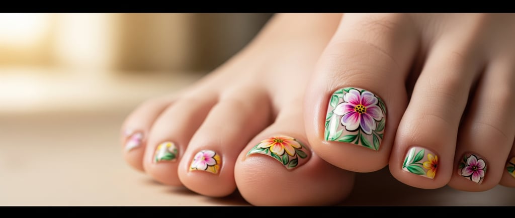toenail flower art on woman's feet