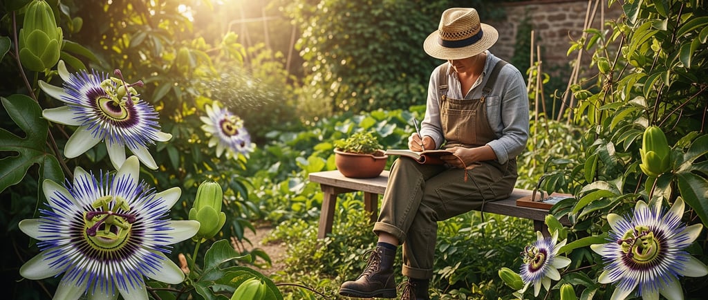 gardener sat on garden bench writing in notebook