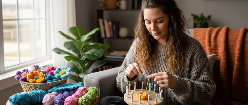 woman sat stitching loom knit flowers