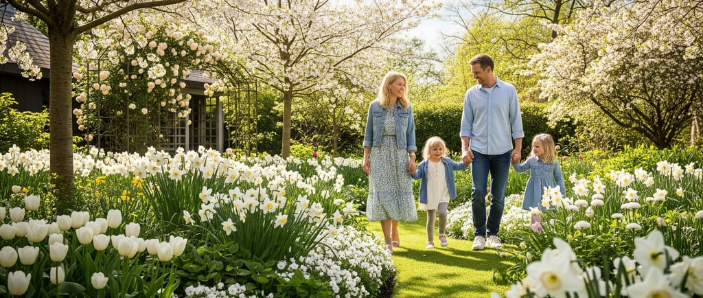 a family of three walking through a garden