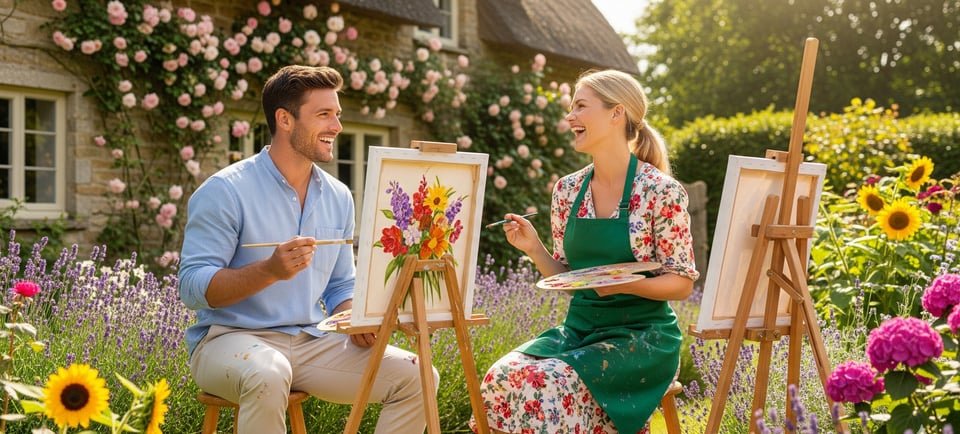 a man and woman are painting in a garden