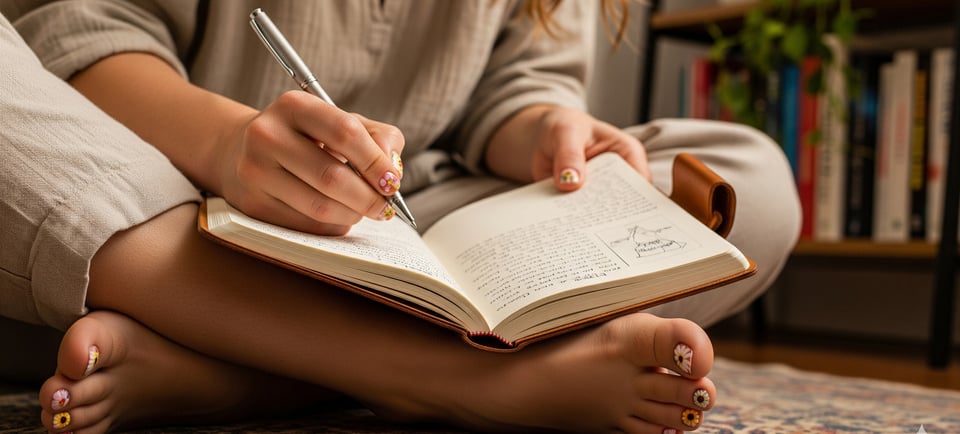 a woman sitting on a chair and writing on a book