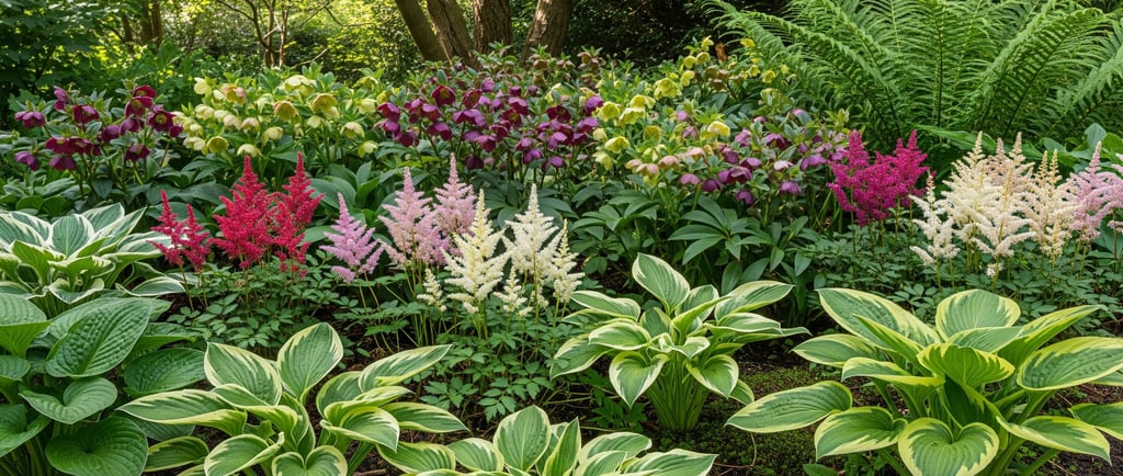 a garden in the shade with perennial plants and shrubs