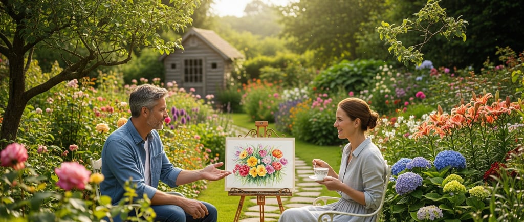 man and woman with cup of tea in garden discusing painting