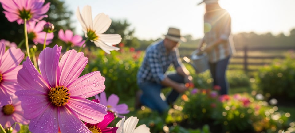 a man and woman in a field with cosmos flowers
