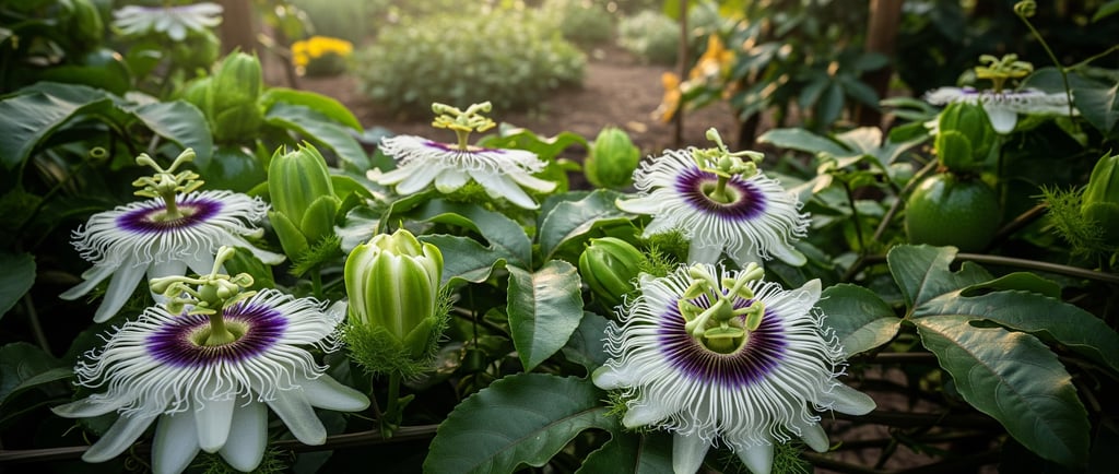 close up of hand pollinated passion fruit flowers