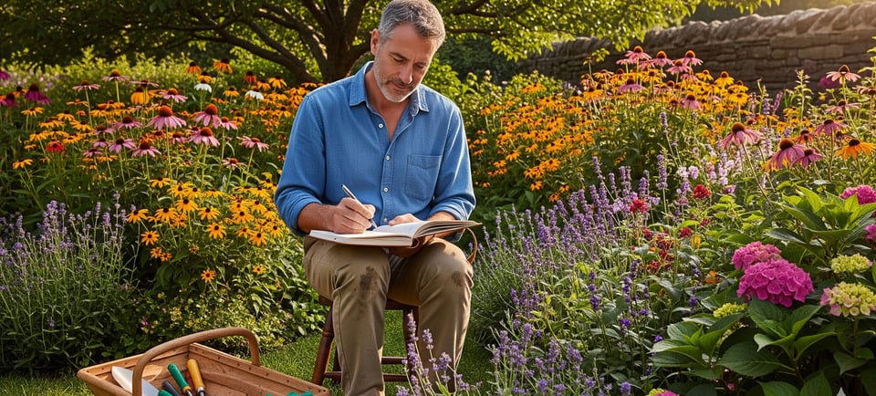 a man sitting on a chair in a garden