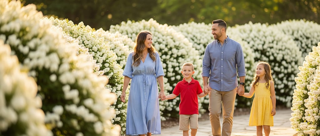happy family walking admist white flower shrubs