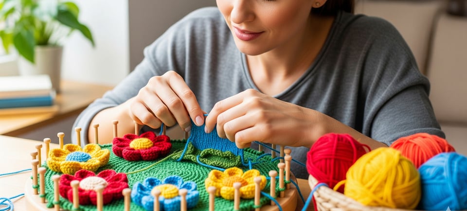 a woman is knitting a flowered cake