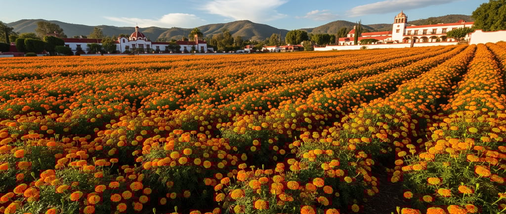 a field of mexican marigold flowers in a field with mountains in the background