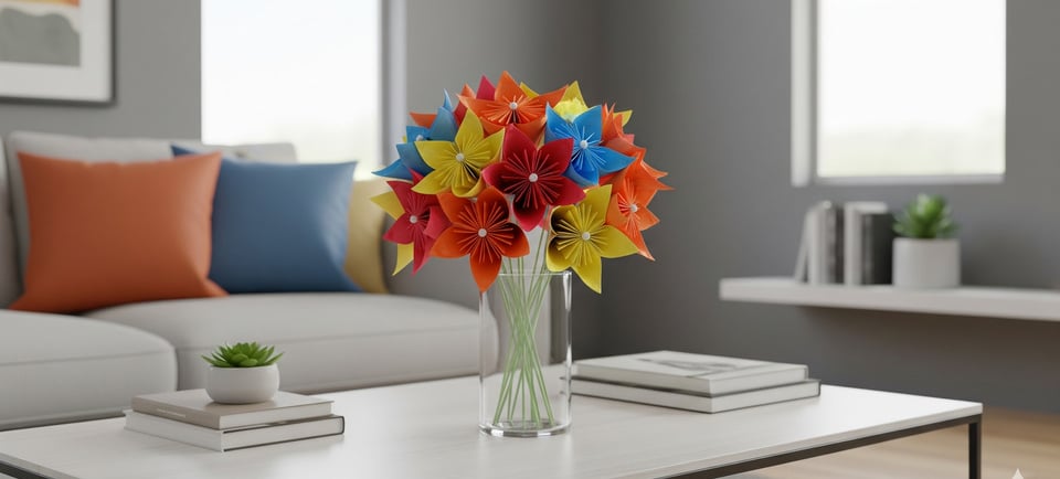 a vase with a vase of origami rose flowers in a living room