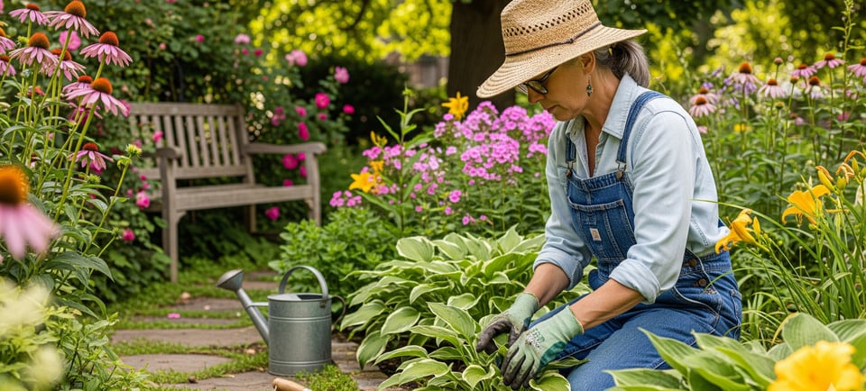 a woman in overalls and hat with gardening gloves on