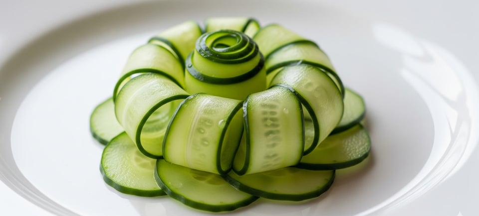 a spiralling cucumber flower garnish on a plate