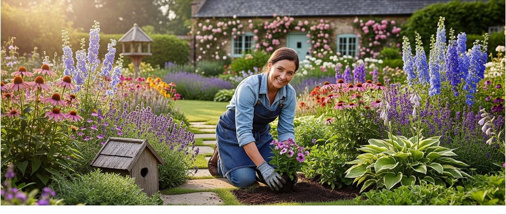 woman gardener planting perennials in garden