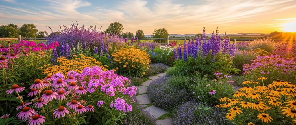 beautiful perennial garden at sunrise