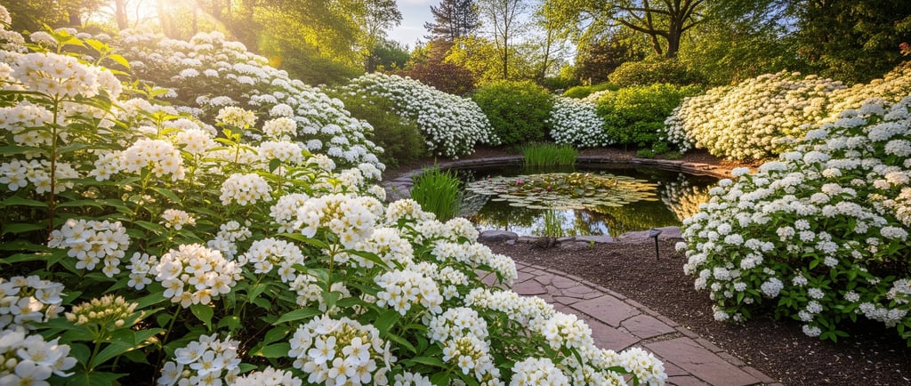 white flower shrubs surrounded small garden pond