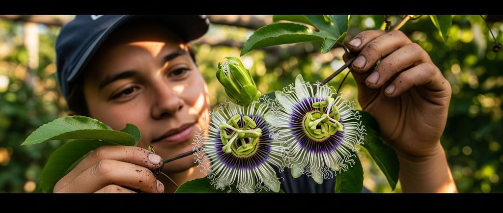 young man examining passion fruit flowers