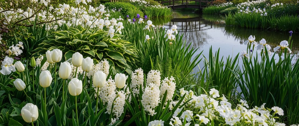 a bridge over a river with white flowers