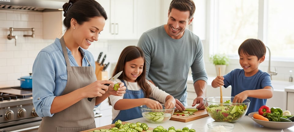 a family of four people are preparing to cook