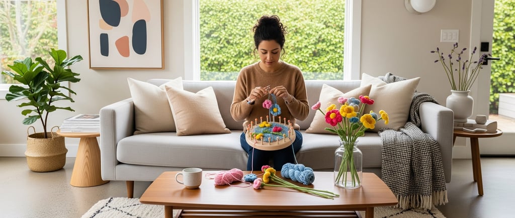 woman loom knitting in modern living room