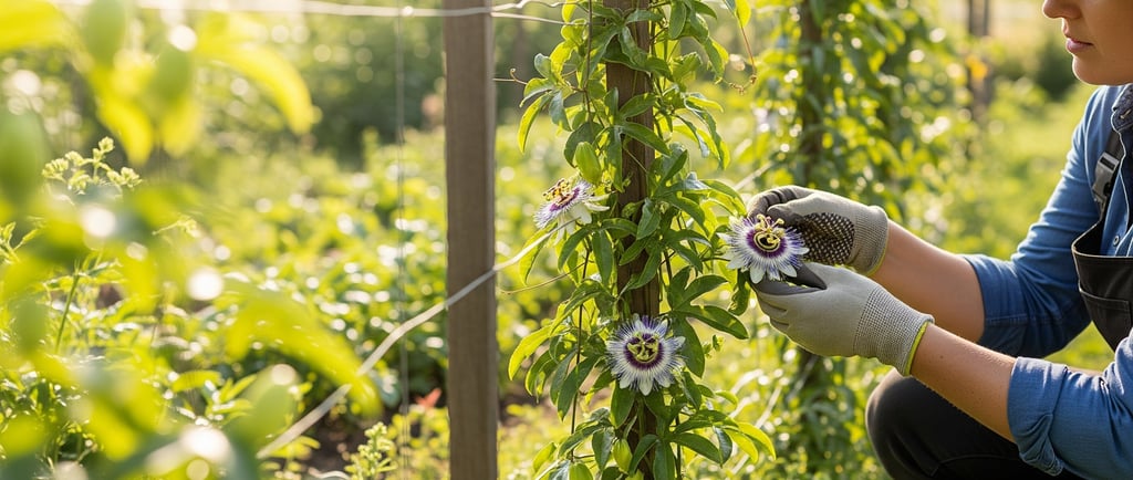 gardener kneeling and caring for passion fruit flowers