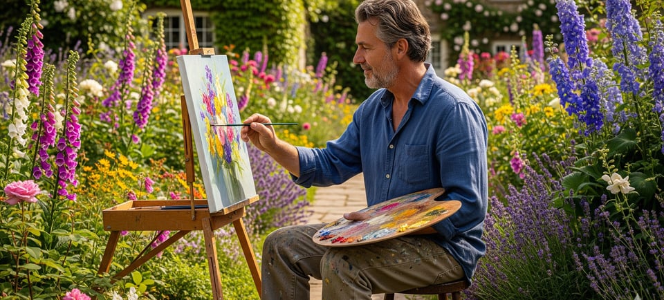 a man is painting delicate watercolor flowers in a garden