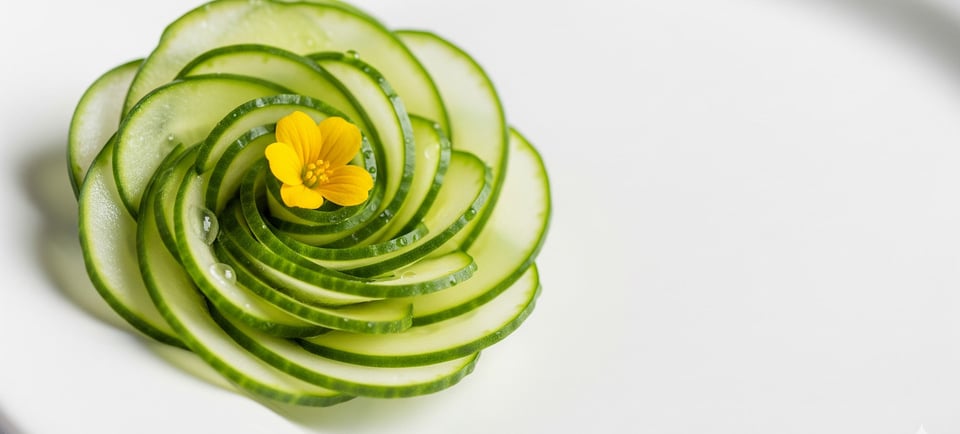 a spiral cut cucumber flower garnish on a plate