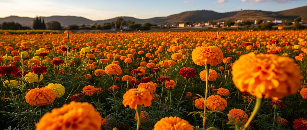 a field of flowers with mountains in the background