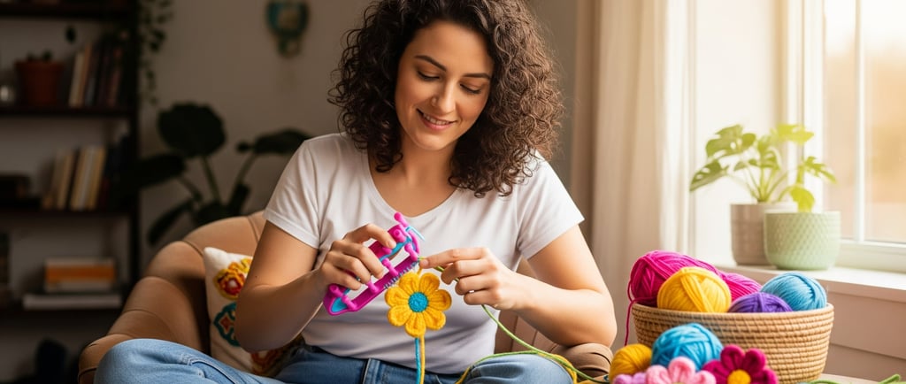 woman smiling and loom knitting