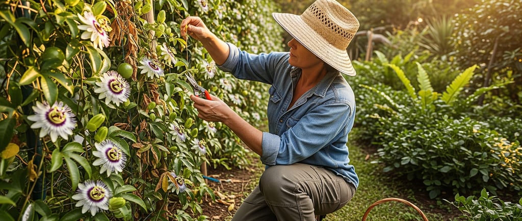 female gardener cutting passion fruit flowers