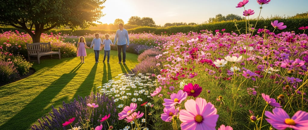 happy family in garden walking admist cosmos flowers