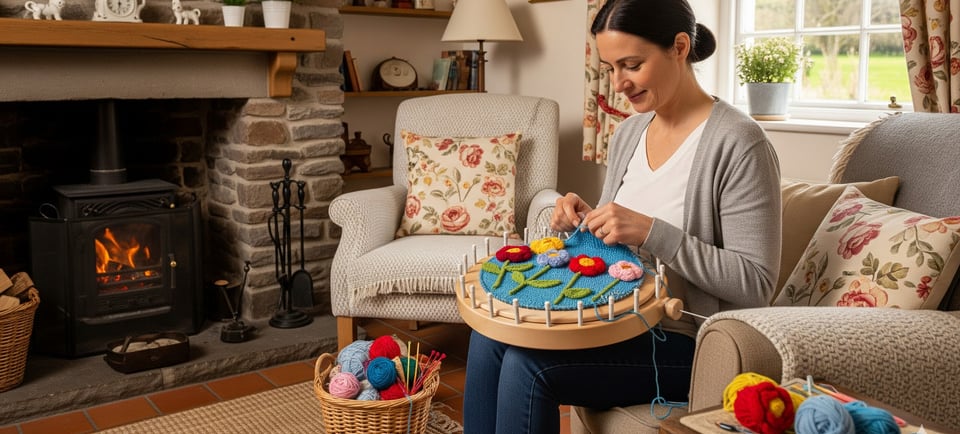 a woman sitting on a couch with a cake