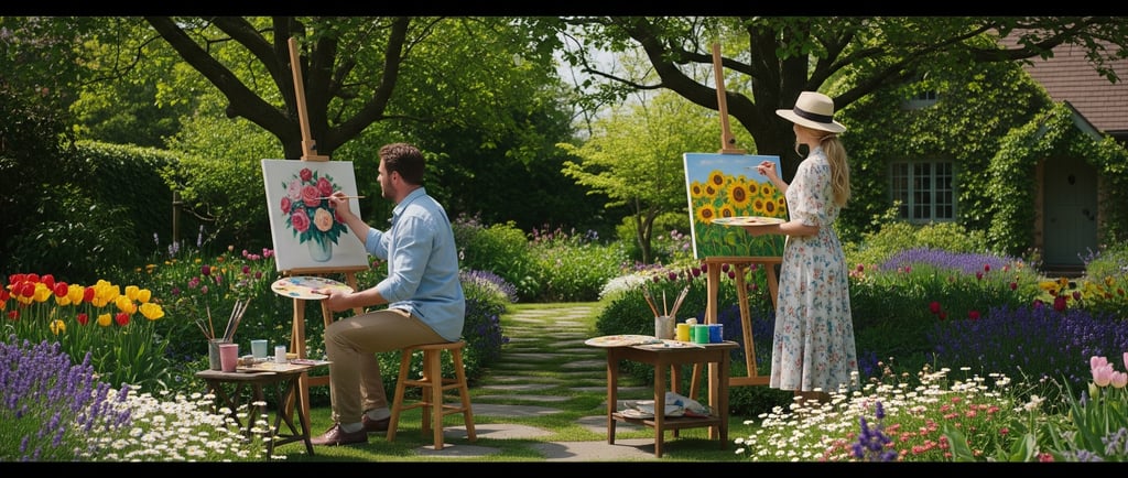 man sitting and woman standing and painting flowers in garden