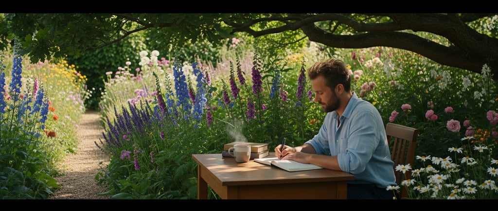 man sat at desk writing outside in the garden