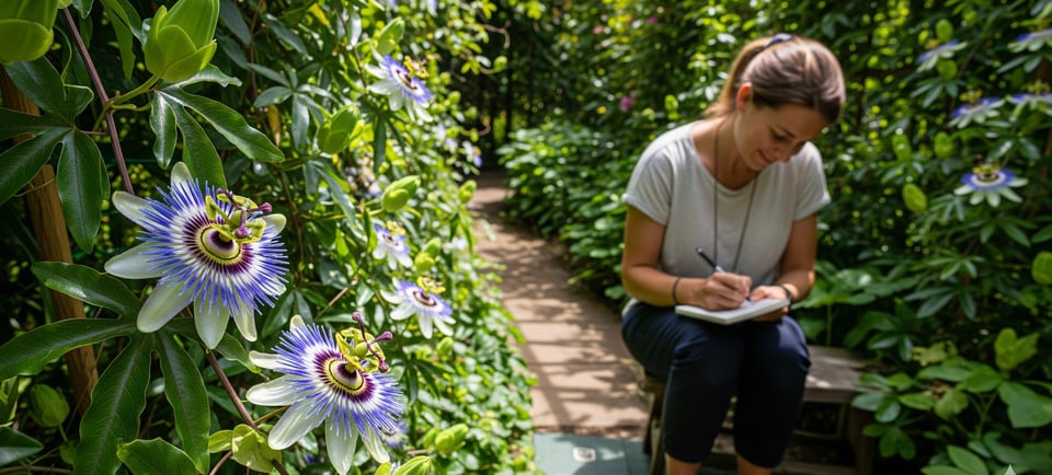 a woman sitting on a bench in a garden