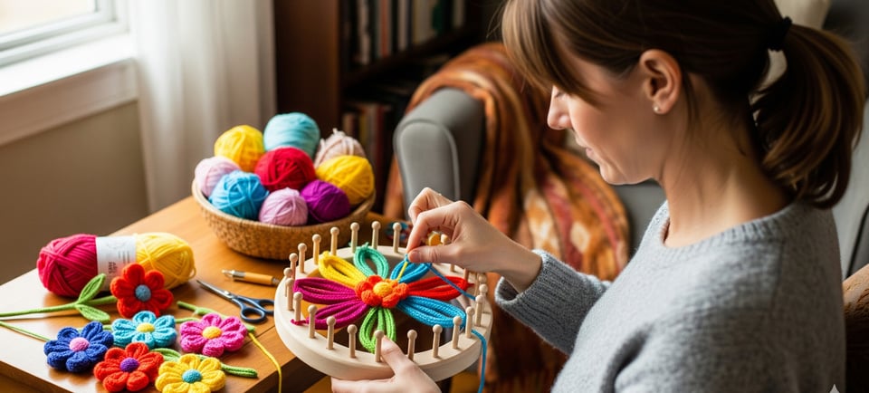 a woman is sitting at a table with yarn yarn and yarn