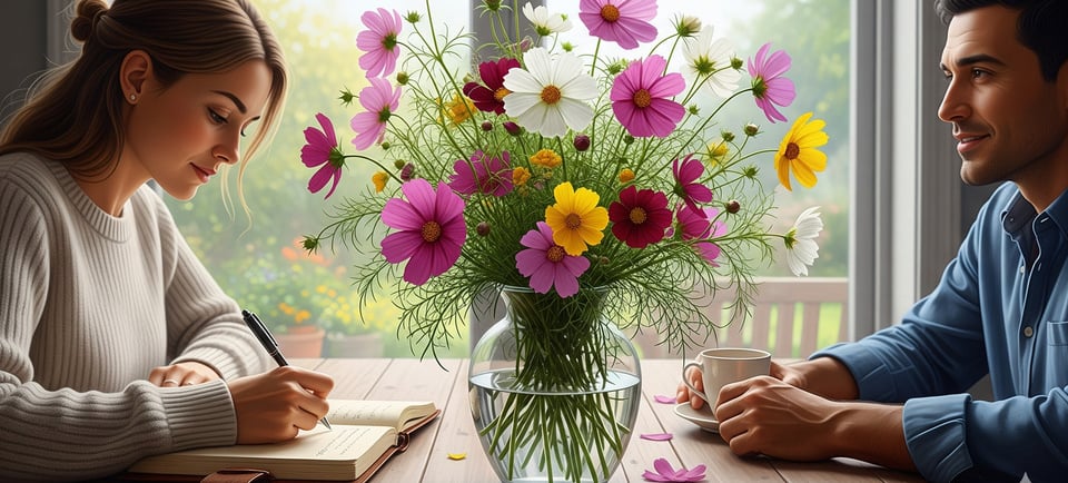 a man and woman sitting at a table with flowers